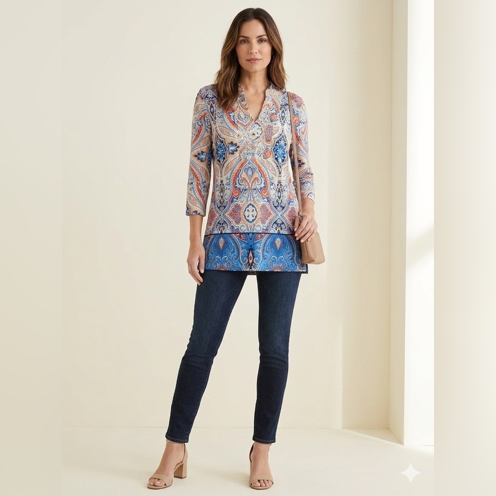 NWT Peck & Peck Blue Coral Embellished Beaded Paisley 3/4 Sleeve Tunic Top M